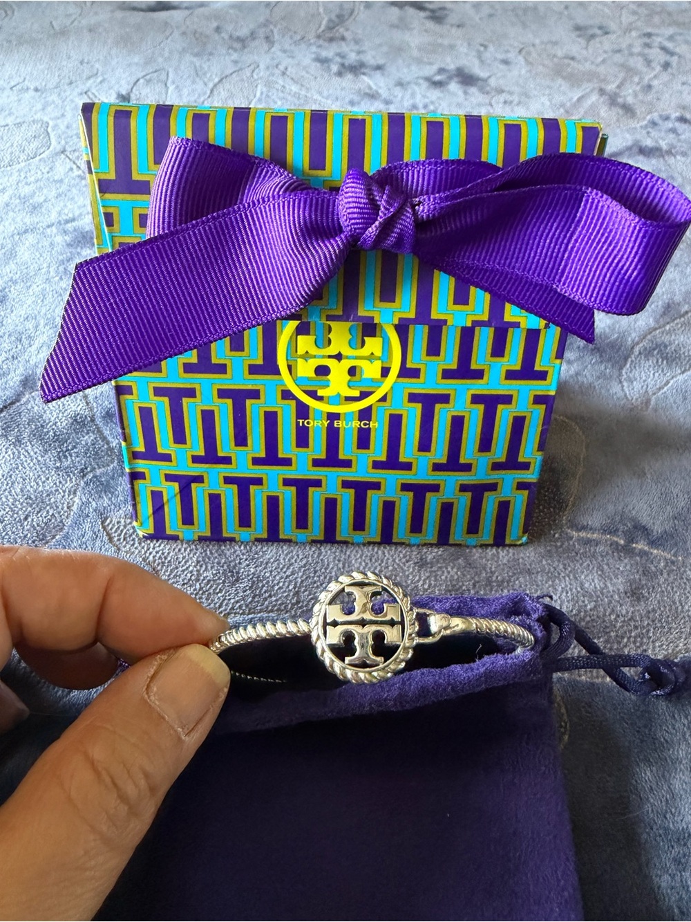 Tory Burch Silver Logo Rope Bracelet with Purple Accents